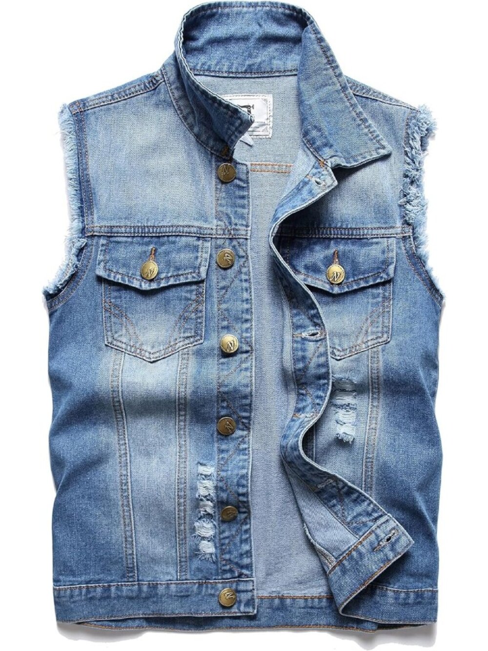 Slim Fit Men's Denim Vest - Sleeveless Ripped Casual Summer Jacket